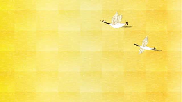 Loop animation of cranes flapping, golden Japanese background, 4k, celebration image