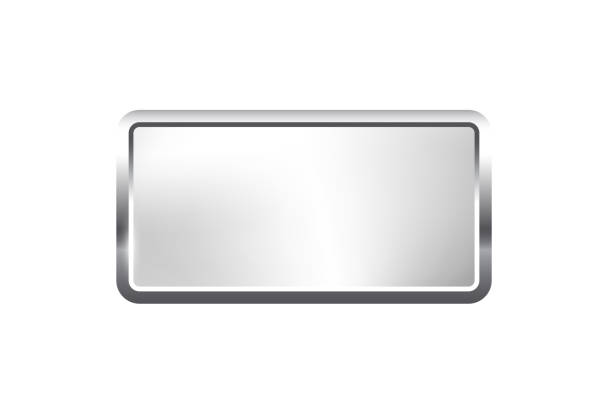 ilustrações de stock, clip art, desenhos animados e ícones de silver rectangle button with frame vector illustration. 3d steel glossy elegant design for empty emblem, medal or badge, shiny and gradient light effect on plate isolated on white background - chrome insignia sign gear