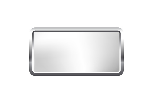 Silver rectangle button with frame vector illustration. 3d steel glossy elegant design for empty emblem, medal or badge, shiny and gradient light effect on plate isolated on white background.