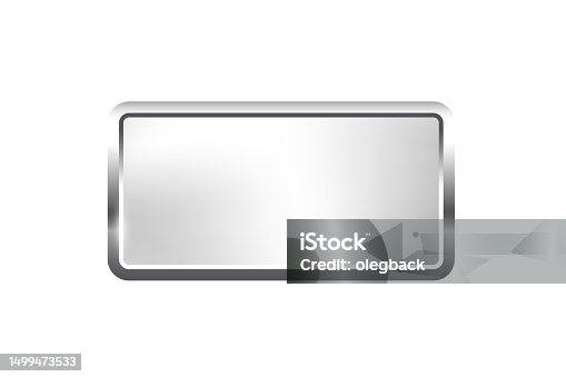 istock Silver rectangle button with frame vector illustration. 3d steel glossy elegant design for empty emblem, medal or badge, shiny and gradient light effect on plate isolated on white background 1499473533