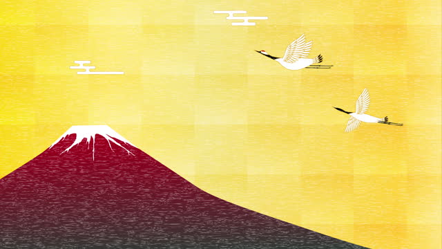 Loop animation of cranes flapping, Japanese background with red Fuji and gold leaf, 4k, celebration image
