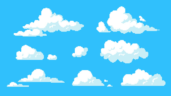 8 bit clouds in anime style. Beautiful natural landscape. Graphic element for video games in retro style. Background and texture, pixelated wallpaper. Cartoon flat vector illustration