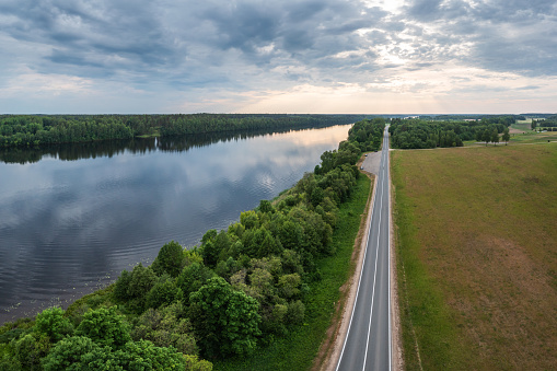 Daugava river in summer evening. Photo from a drone