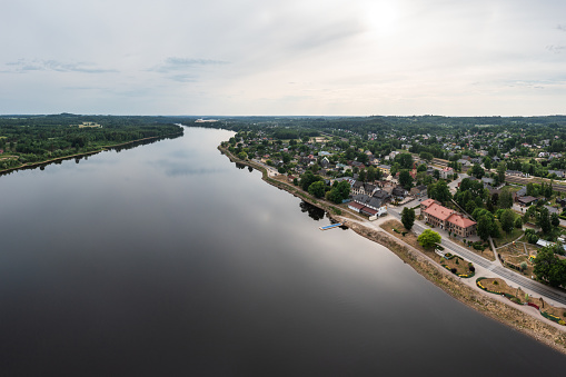 The city of Plavinas is on the banks of the Daugava, Latvia's largest river. View from a drone.