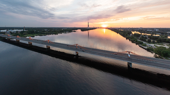 South bridge over river Daugava at sunset. Photo from a drone
