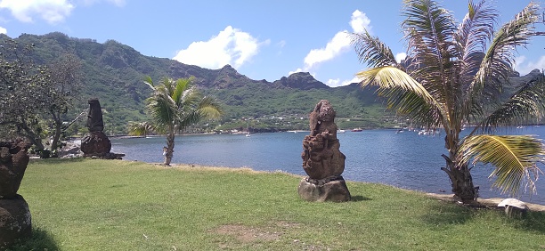 Tiki statues in Taiohae, main town in Nuku Hiva