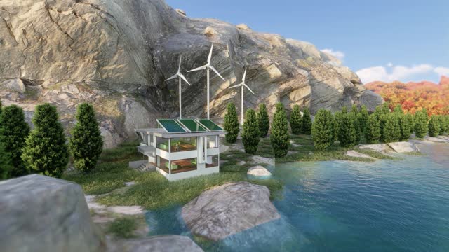 Modern energy efficient house with solar panels. Merging technology and ecology. Vineyard solar panel wind mill