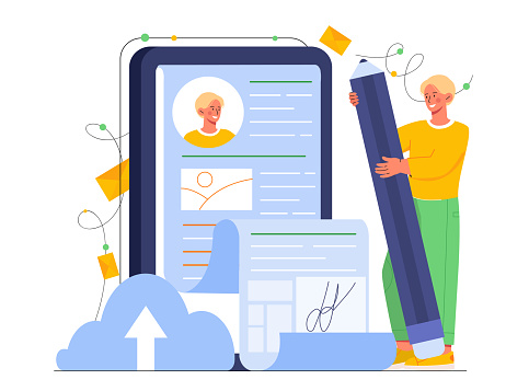 Man fill out form via mobile application. Entrepreneur and businessman conclude agreement with electronic signature. Modern technologies and digital world. Cartoon flat vector illustration