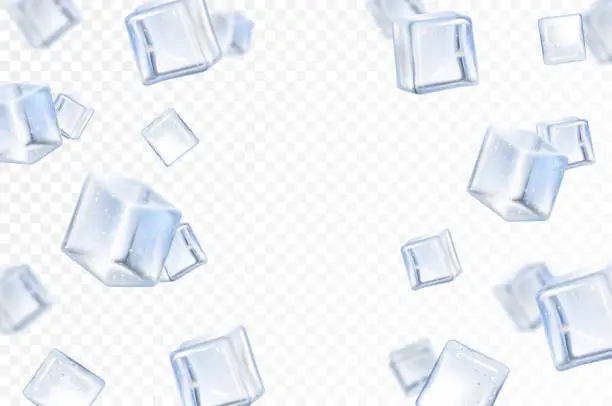 Vector illustration of Falling ice cube, isolated on transparent background, selective focus. Flying ice cubes with blur effect . Realistic 3d vector illustration