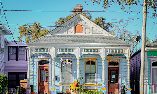 A historic home with a cow hanging on the porch in New Orleans