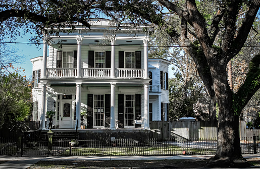 A historic mansion with a balcony and a large tree in the yard in New Orleans, Louisiana