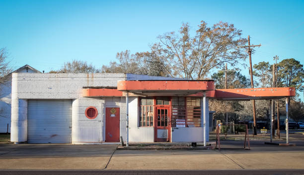 Vintage Gulf gas pumps and gas station in the old part of town in Waco Texas