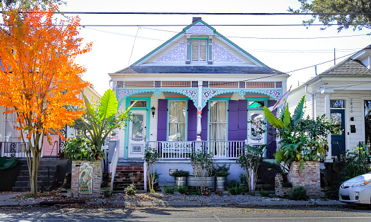 A colorful historic home with a bright autumn tree in New Orleans, Louisiana