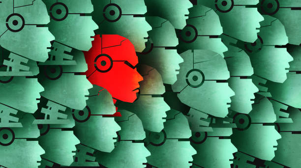 AI growth Risk AI growth risk as Good Bots and a Bad Bot and chatbot as a social vulnerability for Robots gone rogue and the danger of robotic or artificial intelligence technology in a 3D illustration style. computer crime stock pictures, royalty-free photos & images