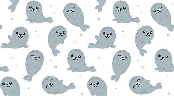 Cute cartoon grey seals seamless pattern. Simple kawaii illustration in flat vector style.