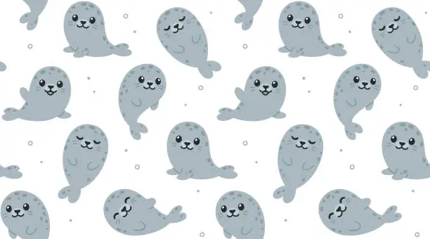 Vector illustration of Cute cartoon grey seals seamless pattern