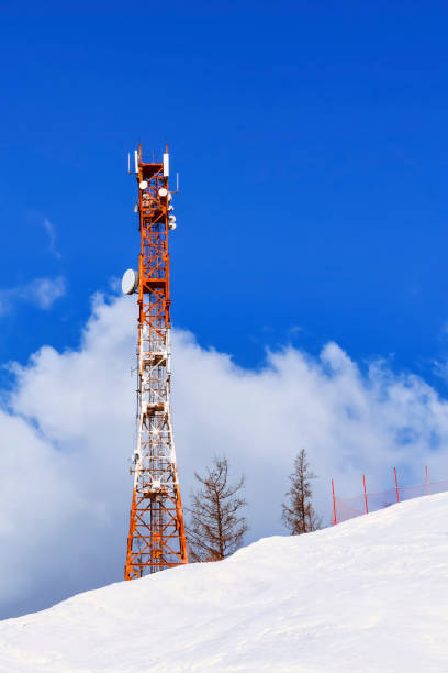 istock Communications tower with mobile communication antennas on top of a snowy mountain, vertical. communication technology 1499493107