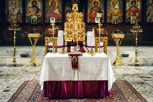 The interior of the Orthodox church. Christian shrines.