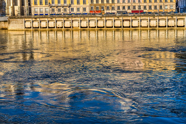 Colorful Soane River Reflection Abstract Outside City Center Lyon France.