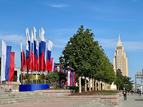 Moscow, Russia - June 11, 2023: Moscow streets decorated with national flags for Russia Day celebrated on June 12 every year