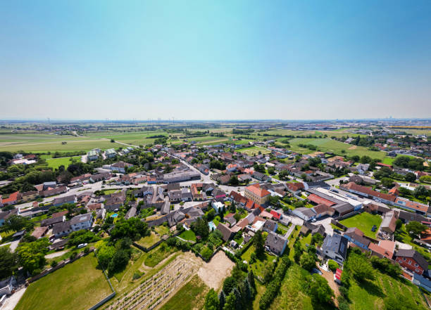 Grossebersdorf in the Weinviertel region, Lower Austria. Aerial panorama.