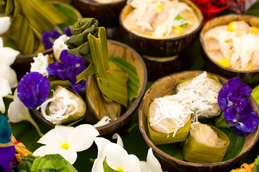 Close-up of Thai banana coconut dessert