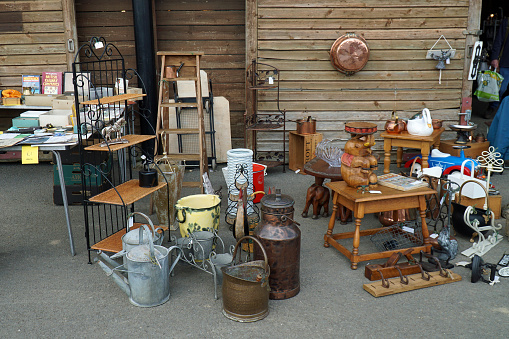 Peterborough. Cambridgeshire, England - April 08, 2023: Items and Furniture for Sale at Antique Fair