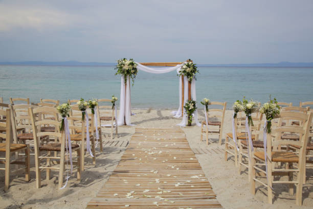istock Outdoor beach wedding ceremony set up, beach wedding venue, no people, simple boho style 1499506529