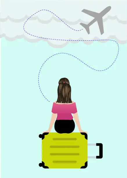 Vector illustration of woman sitting on her suitcase making travel plans