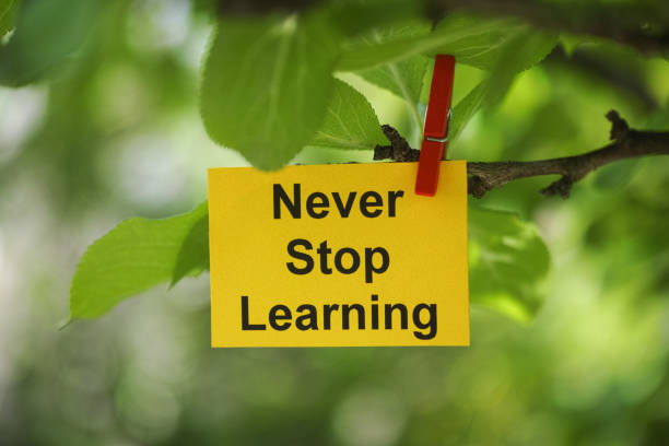 A yellow paper note with the words Never Stop Learning on it attached to a tree branch with a clothes pin