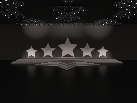 Event Empty stage front view including stairs. with five stars forming the backdrop. ceiling spotlight. custom design. interior hall. 3d rendering illustration