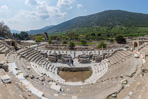 Ephesus, Turkey - April 10, 2023: A picture of the Odeon at the Ephesus Ancient City.