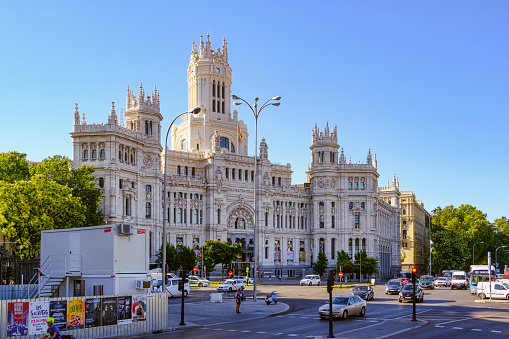 skyline of Square of Spain at spring day, Barcelona, Spain, toned