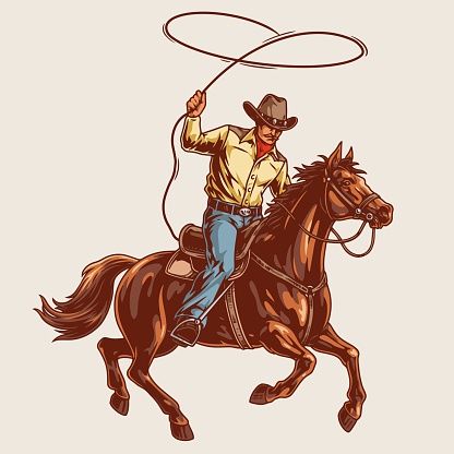 Texas cowboy colorful vintage sticker with galloping horse and man throwing rope on prey while hunting vector illustration
