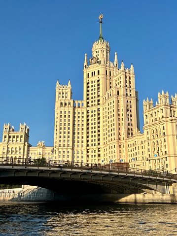 Stalinist skyscraper on Moscva river embankment, Moscow, Russia