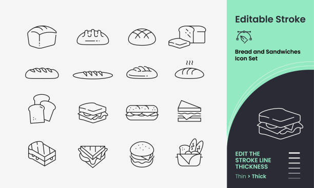 Breads and Sandwiches vector icon set containing 16 editable stroke icons. Bread and Sandwiches Icon collection containing 16 editable stroke icons. Perfect for logos, stats and infographics. Edit the thickness of the line in any vector capable app. loaf of bread stock illustrations