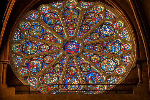 Jesus Christ Holy Spirit Biblical Stories Stained Glass Rose Window St John the Baptist Cathedral Basilica Lyon France. Cathedral begun in 1180 and finished in 1480.