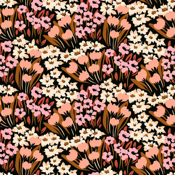 Vector illustration of Seamless floral pattern with liberty hand drawn meadow, small flowers, grass, leaves. Vector illustration with vintage motif.