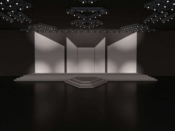istock Event empty stage with stairs in front view, projection on the backdrop, and a ceiling projector system. custom design. interior hall. 3d rendering illustration 1499514387