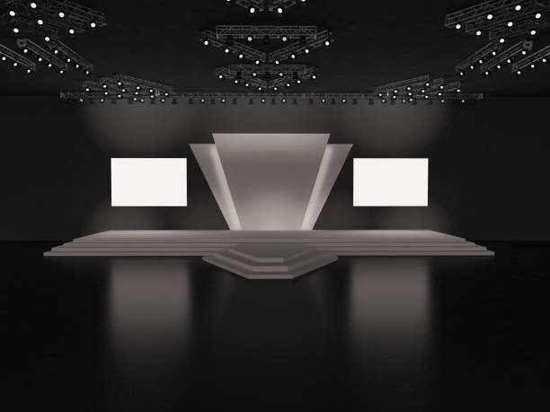 istock Event empty stage design with stairs, front view. two side-led screens for projection, and a ceiling spotlight system.  hall interior. 3d rendering illustration 1499514623
