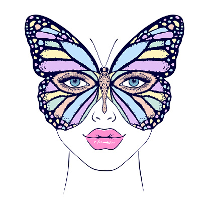 Butterfly covers woman's face.Hand drawn illustration.
