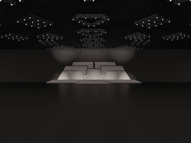 istock Event empty stage with stairs in front view, projection on the backdrop, and a ceiling projector system. custom design. interior hall. 3d rendering illustration 1499518283