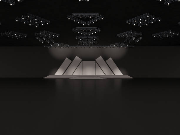 istock Event empty stage with stairs in front view, projection on the backdrop with columns design, and a ceiling projector system. custom design. interior hall. 3d rendering illustration 1499518561