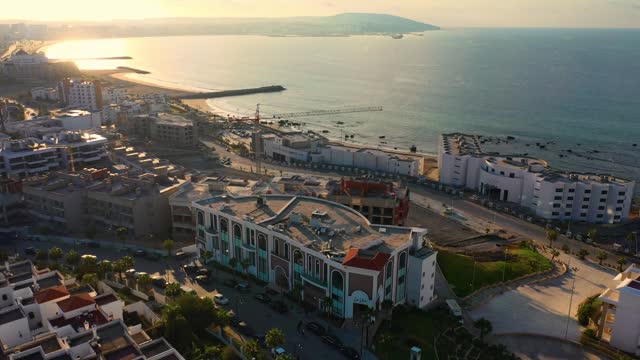 Drone aerial shot of Tangiers, Morocco. Moroccan port on the Strait of Gibraltar