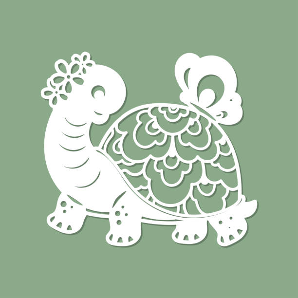 Template for laser cutting. Turtle with a butterfly. Vector Turtle with a butterfly. Template for laser cutting of paper, cardboard, wood, metal. For the design of postcards, toys, interior decorations, stencils, silkscreen printing, etc. Vector wood turtle stock illustrations