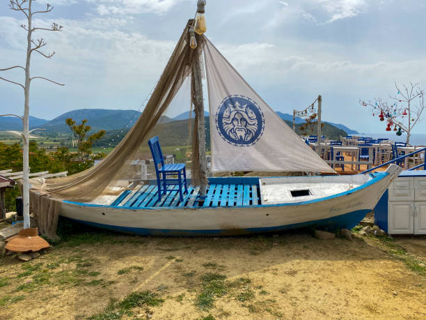 fish restaurant in kalekoy village, gokceada, çanakkale, turkey - dining nautical vessel recreational boat europe imagens e fotografias de stock