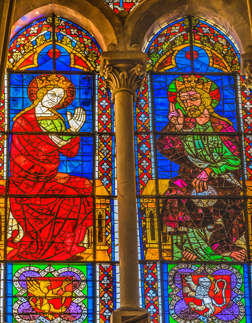 Virgin Mary Jesus Christ Old Stained Glass St John the Baptist Cathedral Basilica Lyon France. Cathedral begun in 1180 and finished in 1480.
