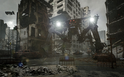 Digitally generated towering robotic machine patrols a desolate, ruin-strewn urban environment under a gloomy, overcast sky.\n\nThe scene was created in Autodesk® 3ds Max 2024 with V-Ray 6 and rendered with photorealistic shaders and lighting in Chaos® Vantage with some post-production added.