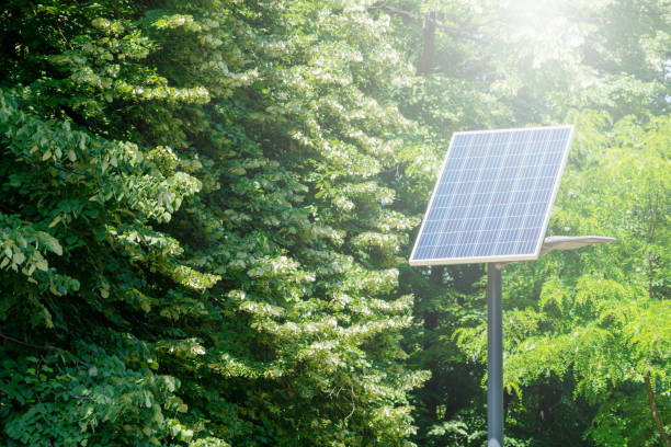 istock Environmental conservation technology solar energy panel on background of green forest. 1499526606