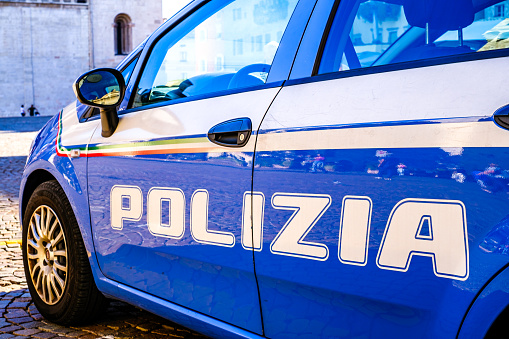 Trentino, Italy - October 7: typical italian police car at the old town of trentino on October 7, 2022